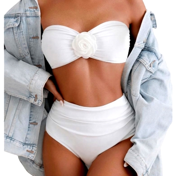 SHENHE | Women's 2 Piece Strapless Ruched High Waisted Bandeau Bikini | Medium - Picture 1 of 13